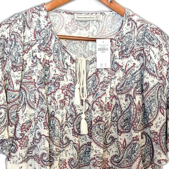 NWT Abercrombie & Fitch | Crop Peasant Paisley Boho Tassel Blouse Top | XS - Picture 3 of 10